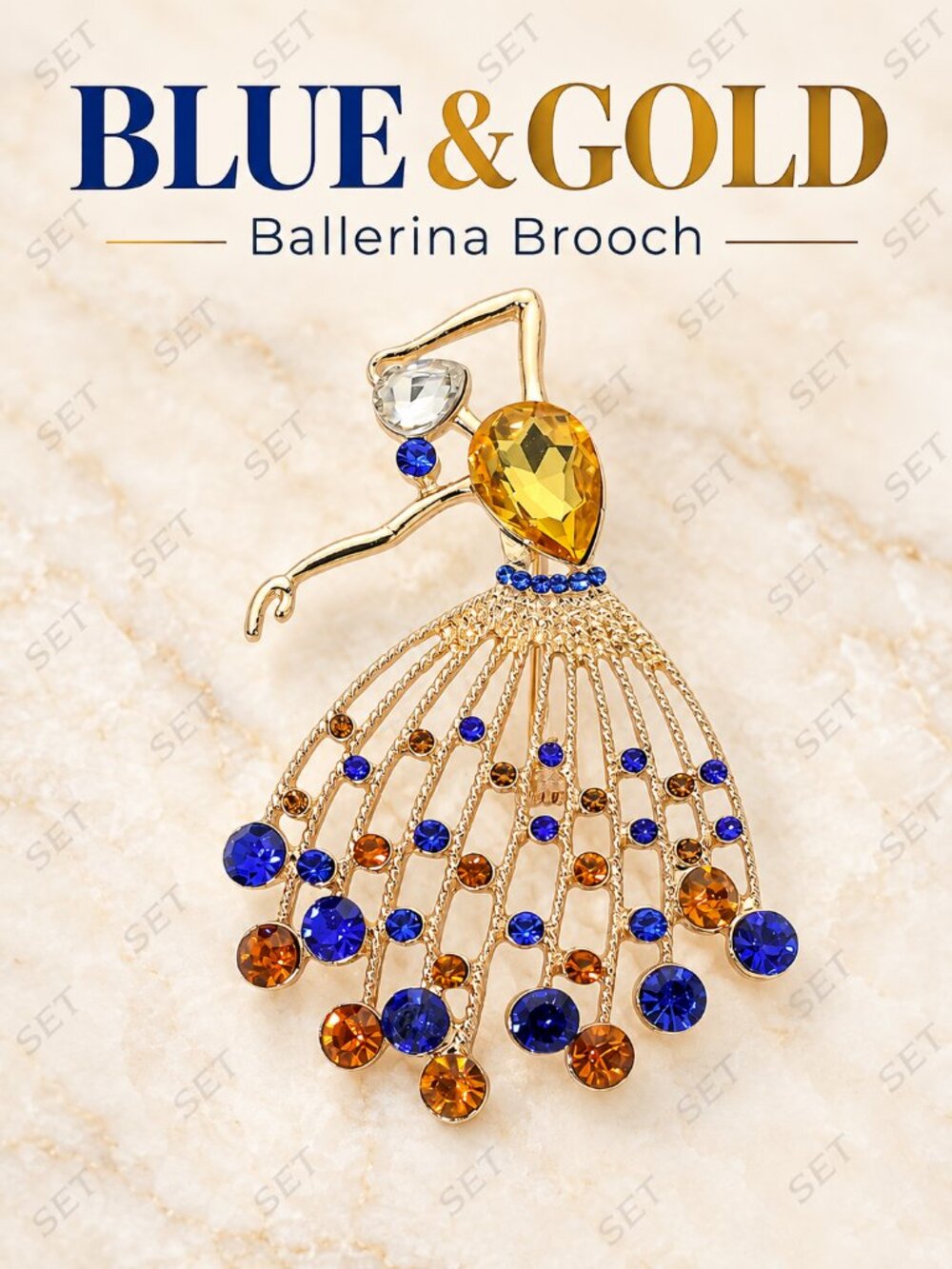Blue & Gold Ballerina Rhinestone Brooch | Sorority Inspired Pin